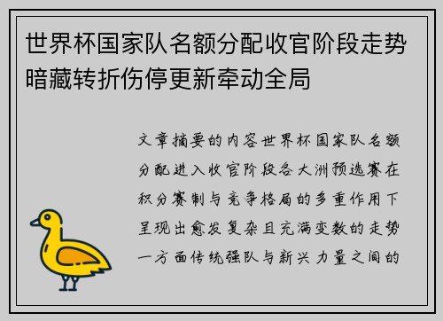 世界杯国家队名额分配收官阶段走势暗藏转折伤停更新牵动全局