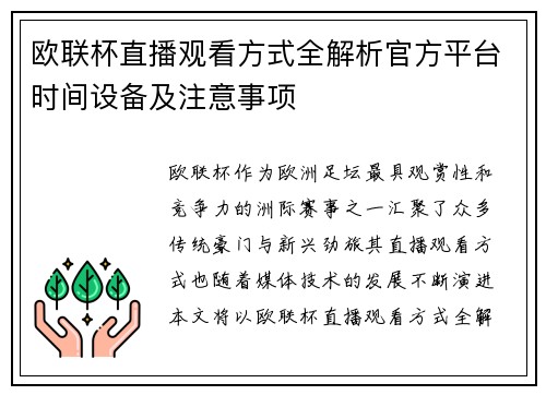 欧联杯直播观看方式全解析官方平台时间设备及注意事项